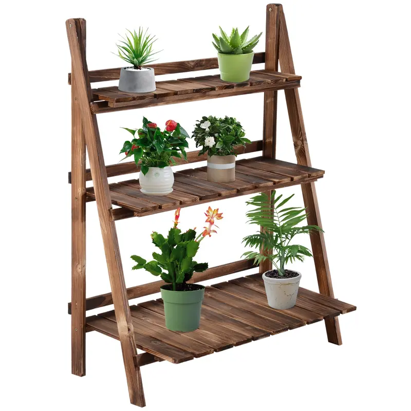 3-Tier Wooden Folding Flower Stand – Garden Planter Ladder Shelf (80x37x93cm)