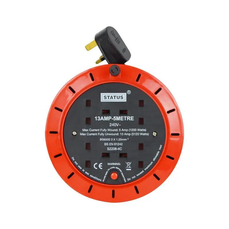 5-Metre Retractable Extension Reel – 4-Socket Cable Winder with Auto-Stop and Overheat Safety