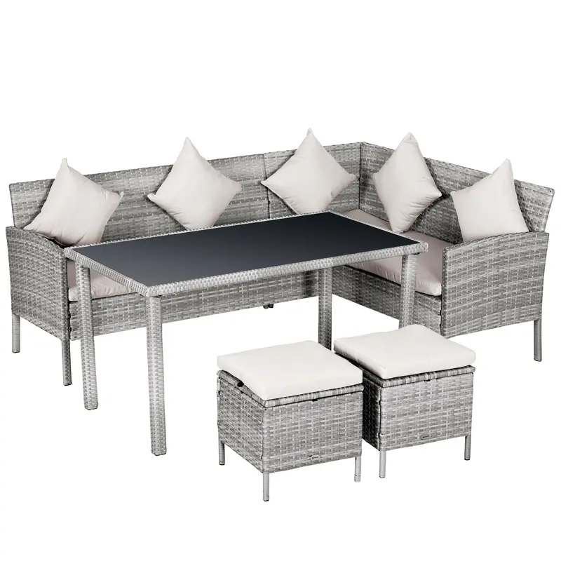 6-Seater Outdoor Rattan Dining Set with Table, Footstool & Cushions