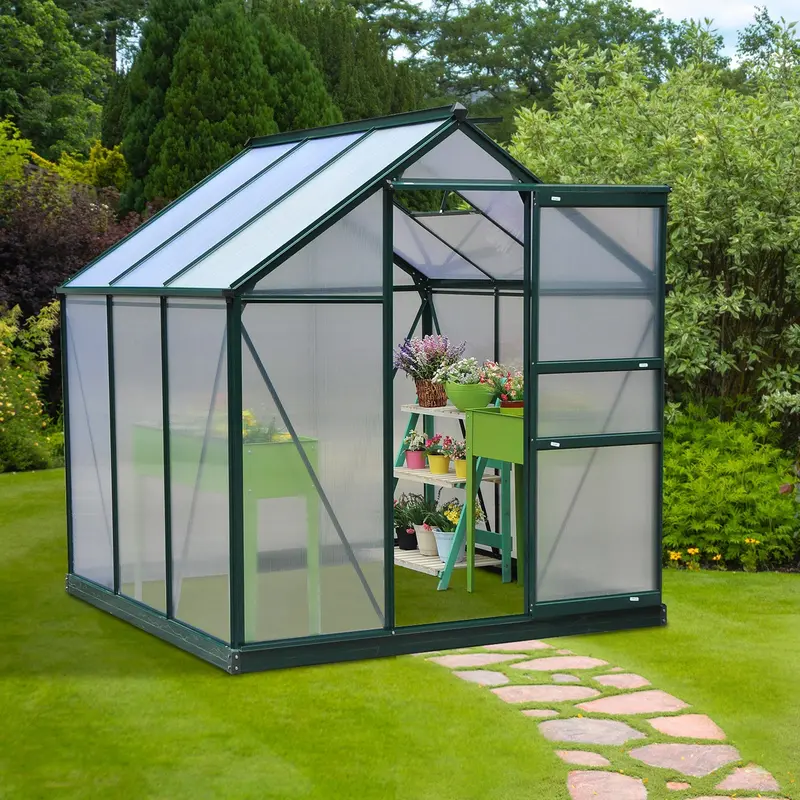 6ft x 6ft Walk-In Polycarbonate Greenhouse – Galvanized Base & Aluminum Frame with Sliding Door