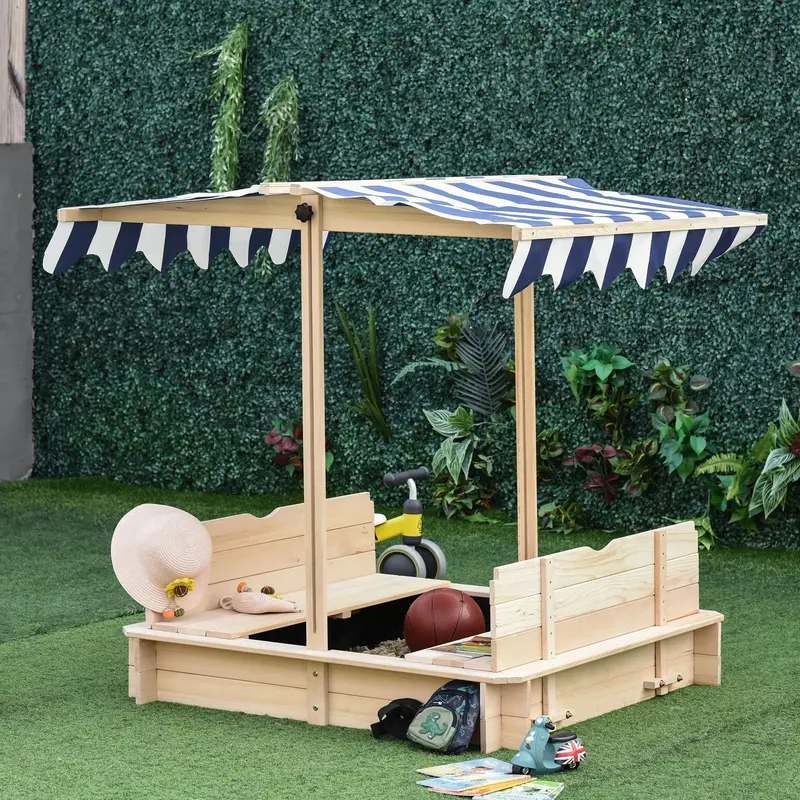 Adjustable Canopy Wooden Sandpit for Kids – Garden Sandbox with Secure Lids