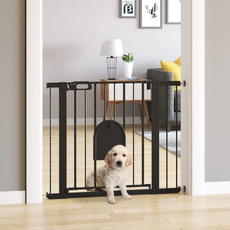 Adjustable Pet Safety Gate with Integrated Cat Flap for Doorways or Stairs