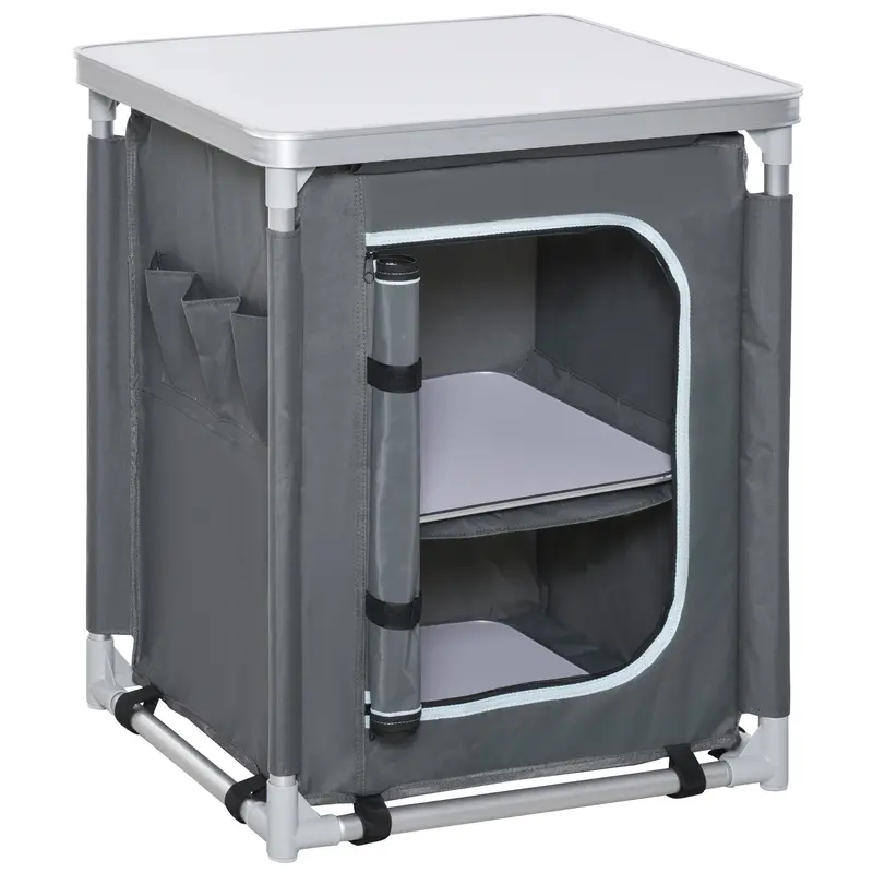 Aluminum Camping Kitchen Station with Two Shelves and Foldable Cook Table