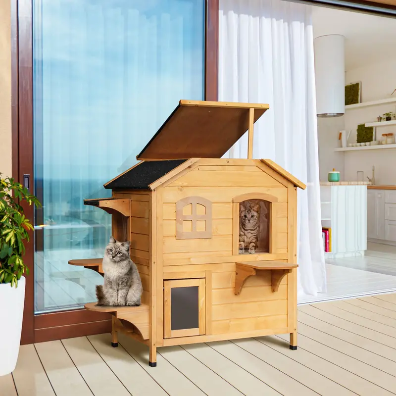 American Dream 91cm Natural Fir Wood Cat House by PawHut