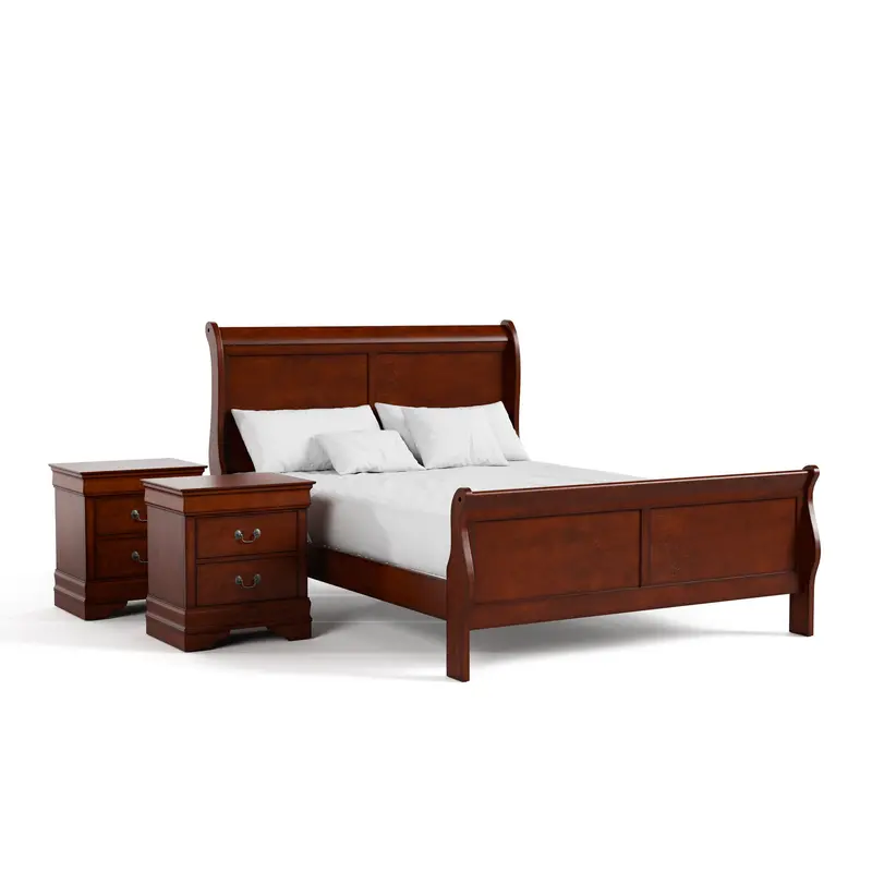 Devi Sleigh Bedroom Set – Traditional Solid Wood 3-Piece (Bed + 2 Nightstands)