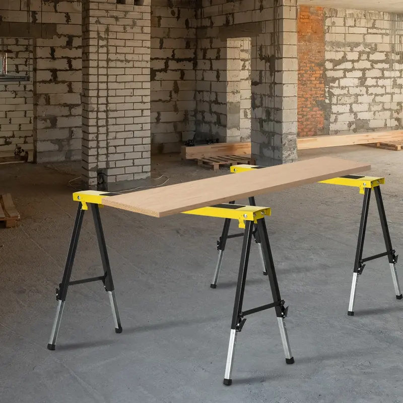 DURHAND Adjustable Steel Sawhorses – Set of Two, Foldable & Yellow