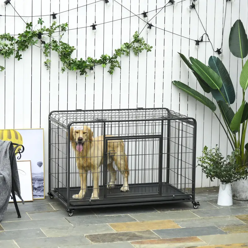 Extra-Large Metal Dog Kennel – Locking Pet Cage with Wheels, Removable Tray & Openable Top