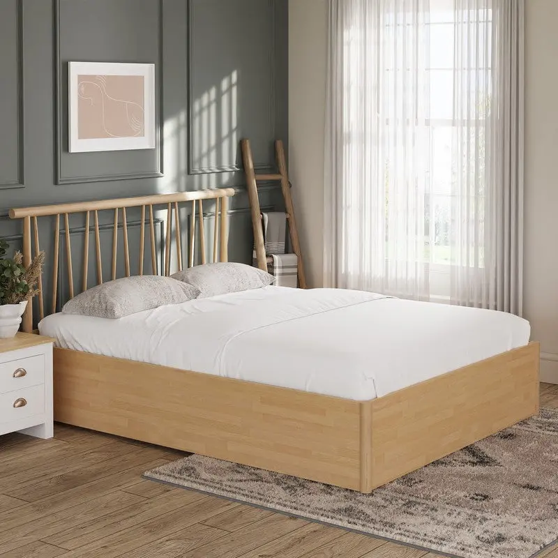 Fusum Oak-Finish Double Ottoman Bed – 6′ x 7′ with Hidden Storage