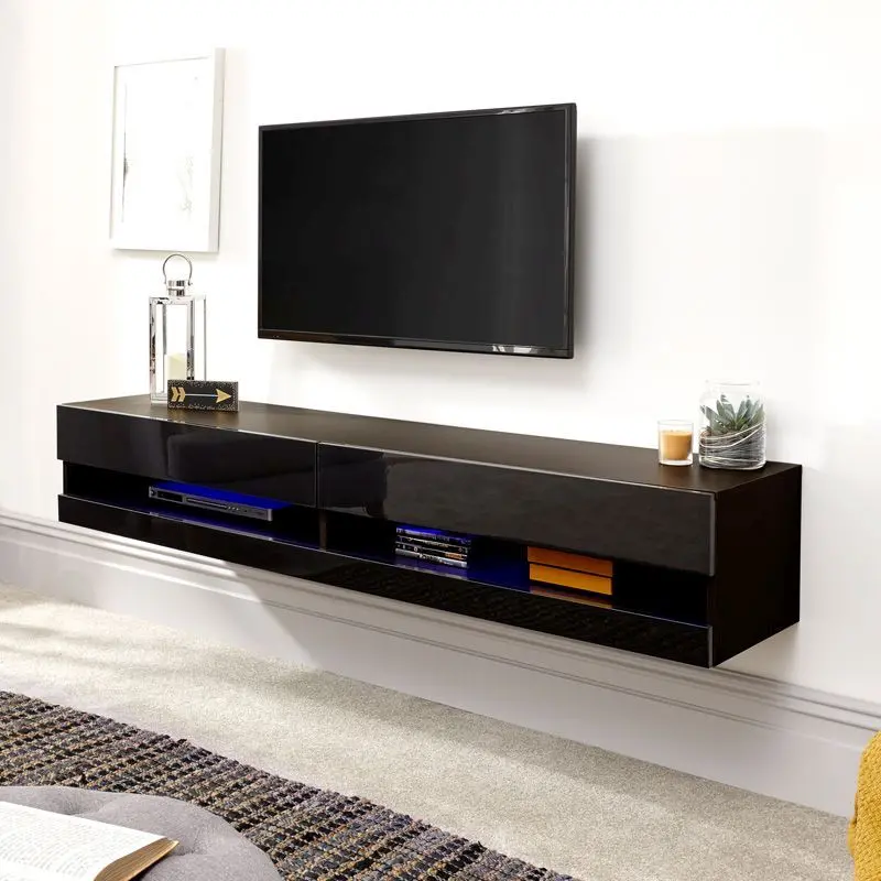 Galicia Black TV Cabinet – 2-Shelf Unit with 2 Concealed Doors