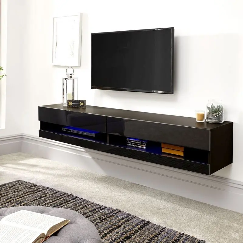 Galicia Black TV Stand – Open Shelving Design with 2 Fixed Shelves