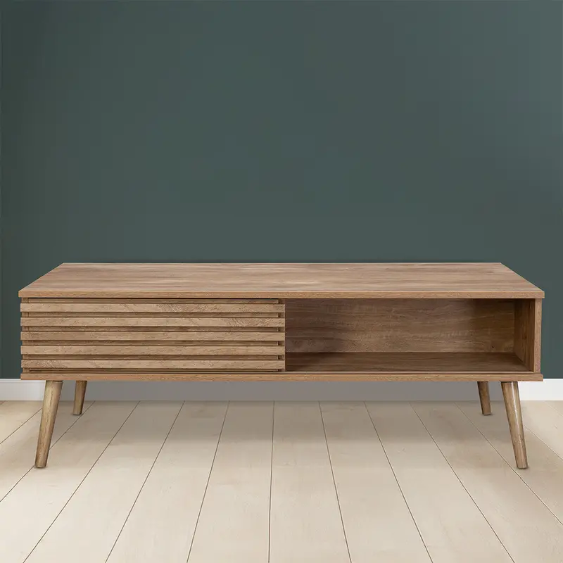 Kyoto Natural Wood Coffee Table – Two-Tier Design with One Door and Two Shelves
