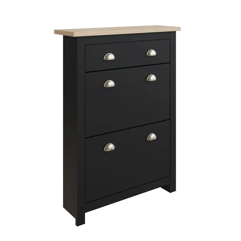 Lancaster Tall Shoe Storage Unit – Black Finish with Four Shelves, Two Doors, and One Drawer