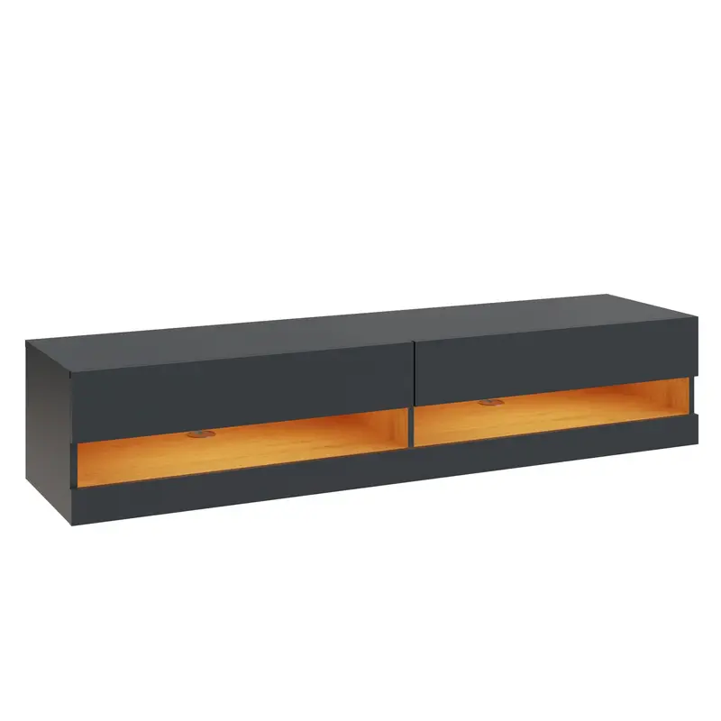 Leon TV Unit – Grey Finish, 2 Open Shelves + 2 Soft-Close Drawers