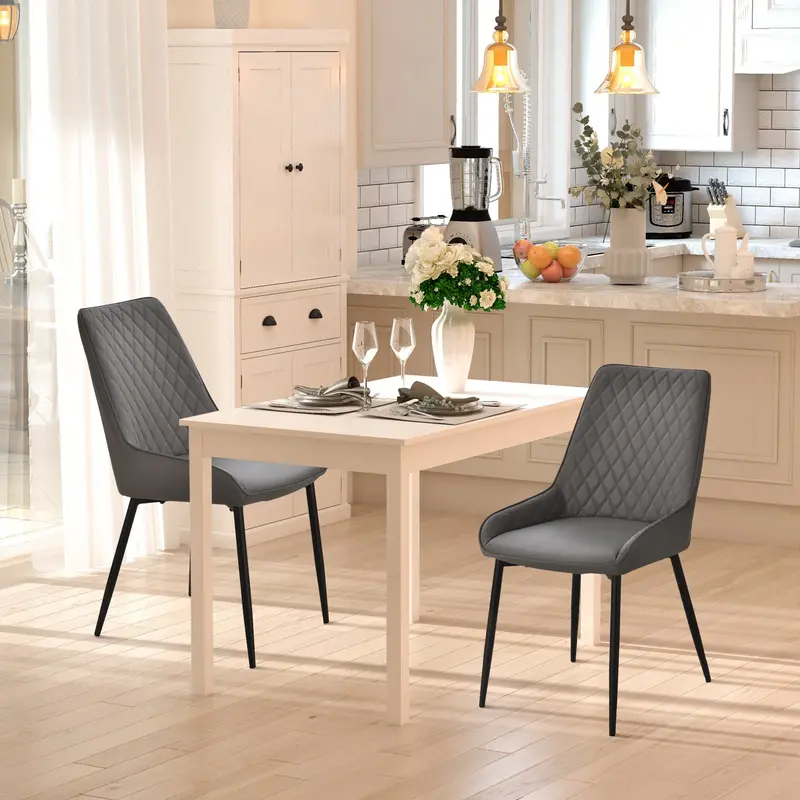 Modern Grey Quilted PU Leather Dining Chairs – Set of 2 with Metal Frame & Floor Protectors