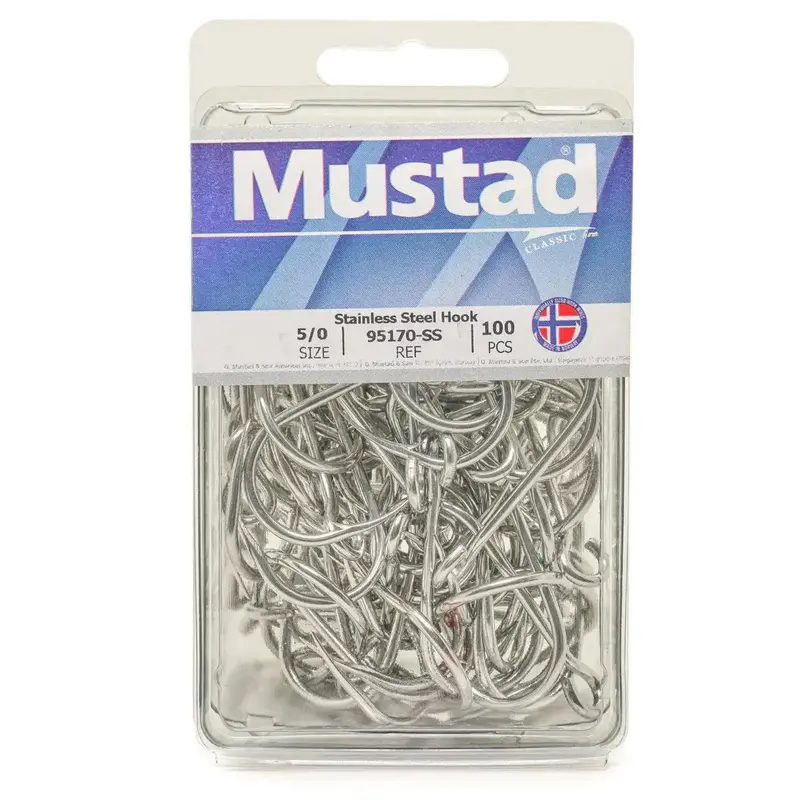 Mustad Stainless Steel Siwash Hooks – 100-Piece Box