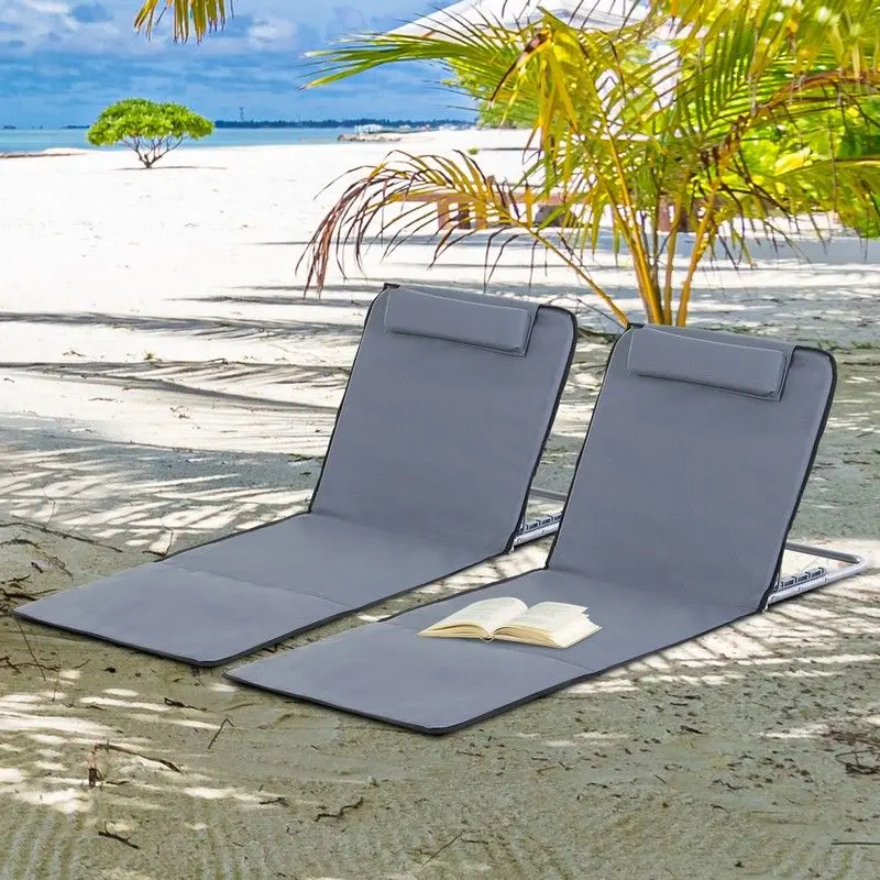 Outsunny 2-Piece Foldable Beach Chair Set – Lightweight Sun Loungers with Adjustable Backrest, Metal Frame, PE Fabric, Head Pillow & Carry Bag