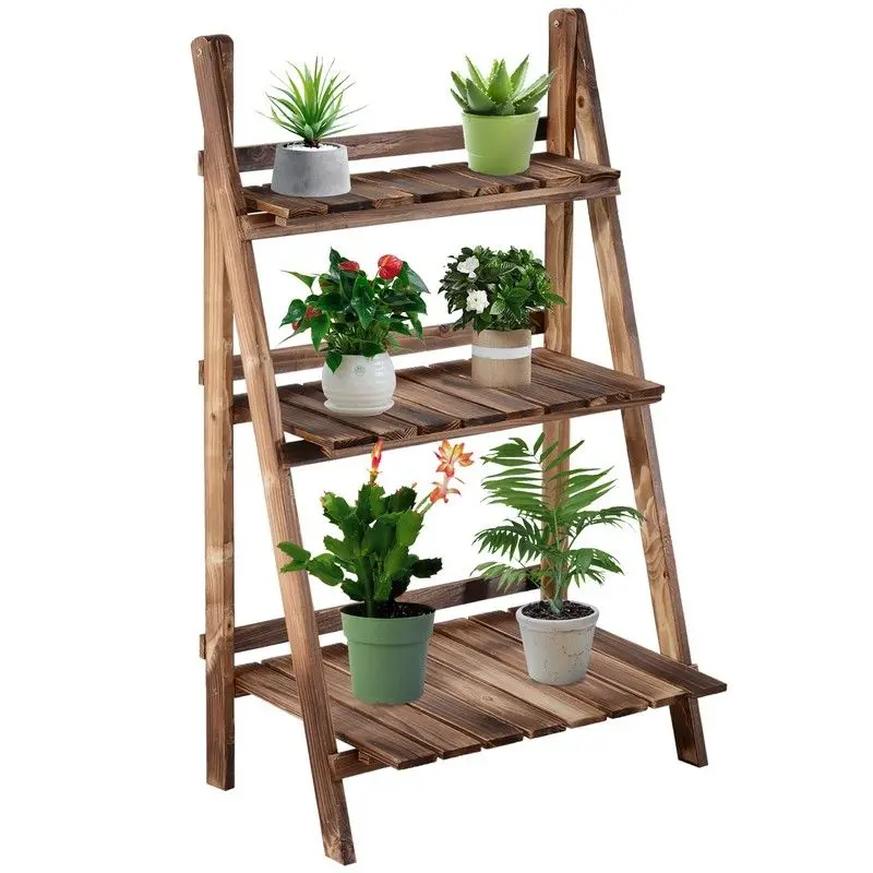 Outsunny 3-Tier Foldable Wooden Plant Stand – Garden Display Ladder (60x37x93cm)