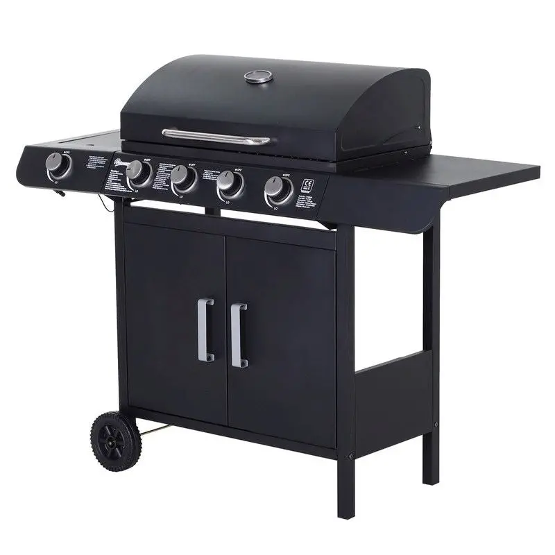 Outsunny 4-Burner Gas BBQ Grill Trolley – Outdoor Cooking Station with Side Burner, Storage, and Mobility Wheels