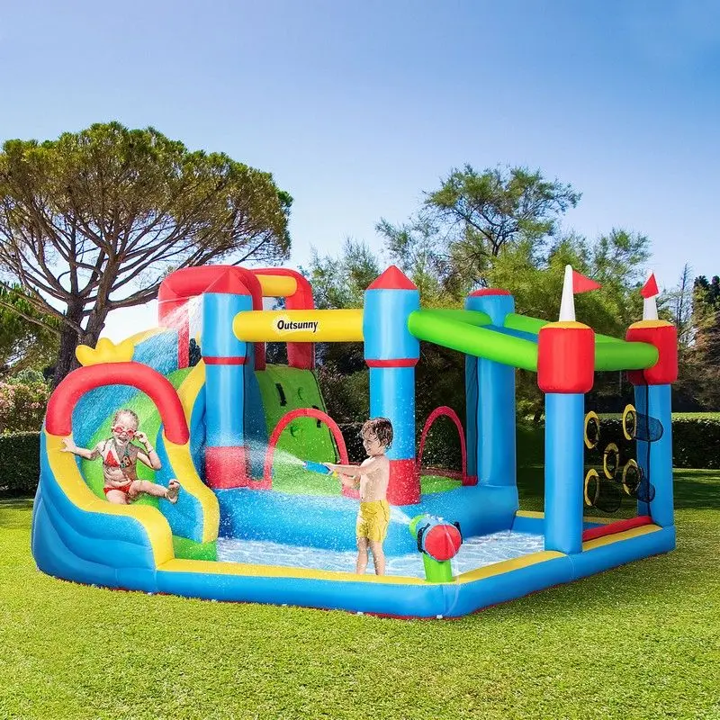Outsunny 5-in-1 Inflatable Play Centre – Large Bounce House with Slide, Climbing Wall, Pool, Water Gun & Trampoline (Ages 3–8)