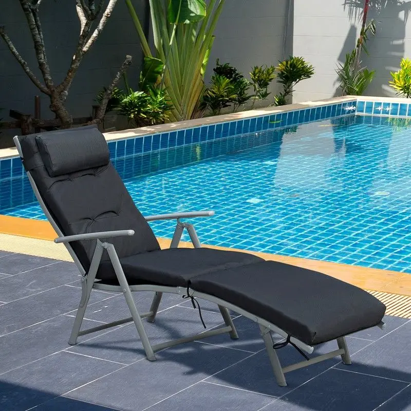 Outsunny Black Padded Garden Sun Lounger – Sturdy Steel Frame Outdoor Recliner with Pillow