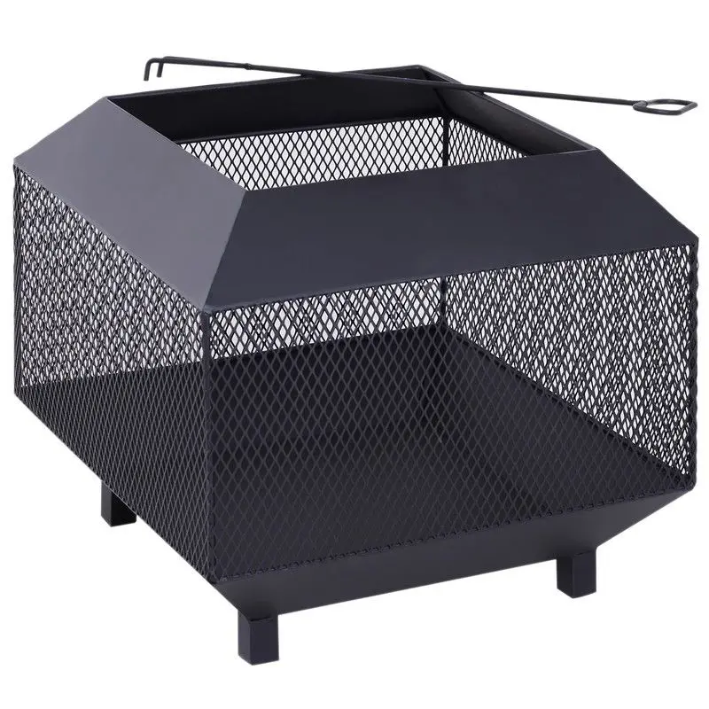 Outsunny Outdoor Square Metal Fire Pit with Mesh Guard and Lid