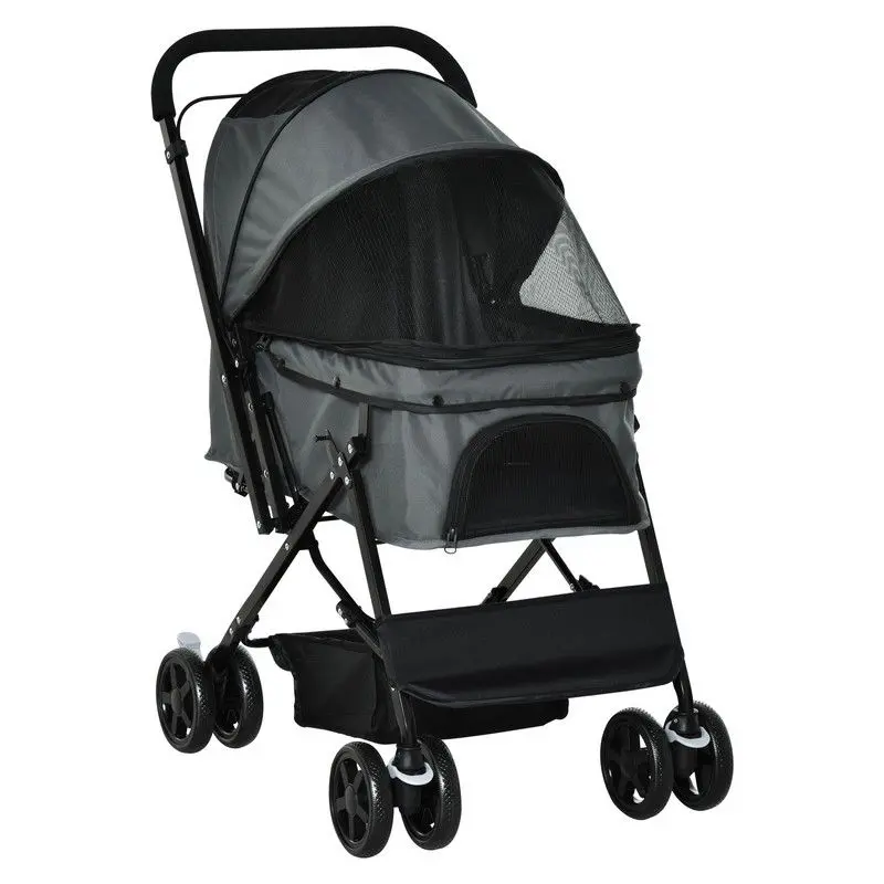 PawHut Compact Foldable Pet Stroller with Reversible Handle, Brake & Basket