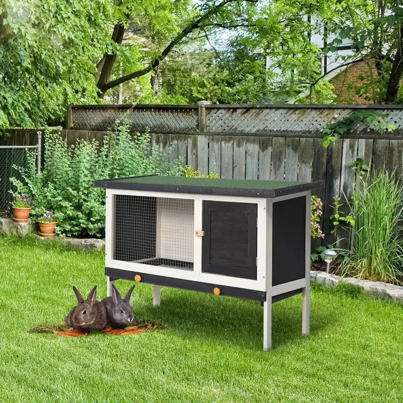 PawHut Wooden Rabbit Hutch – Small Animal Enclosure with Removable Droppings Tray & Asphalt Roof