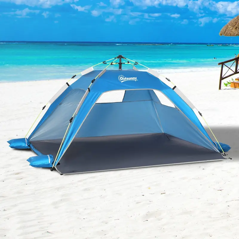 Pop-Up Beach Tent for 1–2 People – Sky Blue Portable Shelter with Dual Mesh Windows & Doors