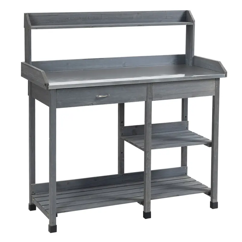 Rustic Wooden Garden Potting Bench with Reinforced Metal Work Surface