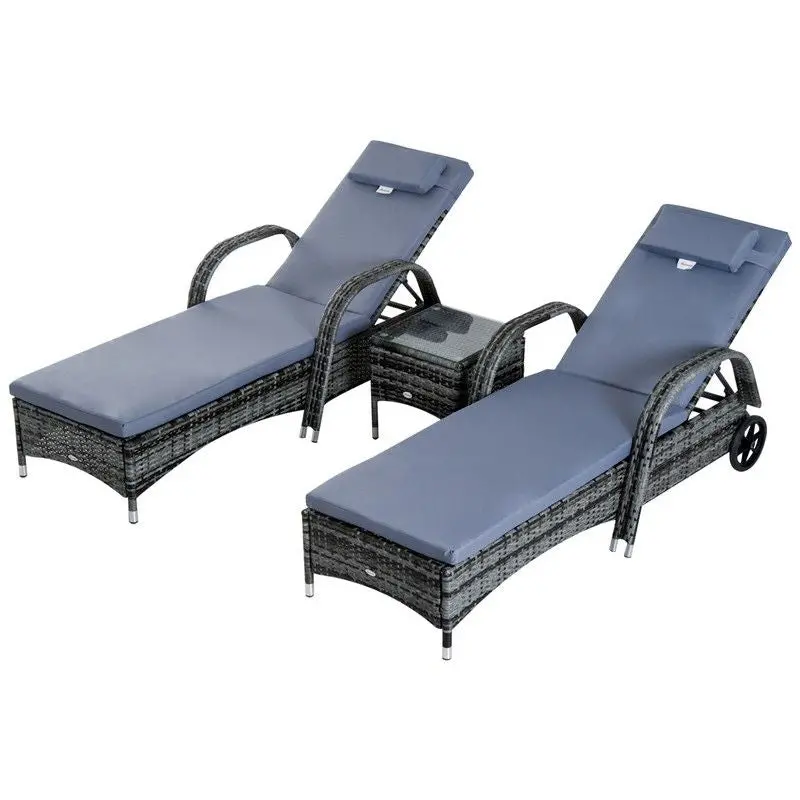Set of Two Grey Rattan Sun Loungers with Matching Side Table – Stylish Outdoor Lounge Pair