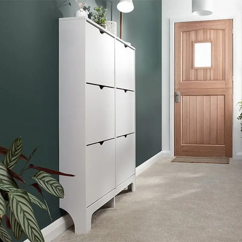 Slim Tall Shoe Cabinet – White, 6-Door, 6-Shelf Storage Unit