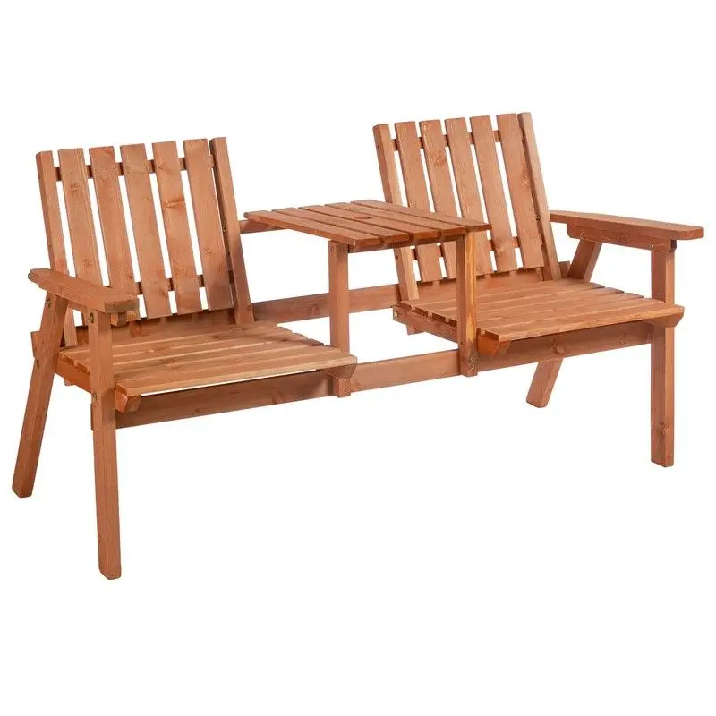Two-Seater Fir Wood Garden Bench with Center Table – Rustic Outdoor Seating for Patios & Decks