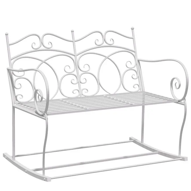 Two-Seater Rocking Patio Bench – White Steel Loveseat with Decorative Backrest for Outdoor Spaces