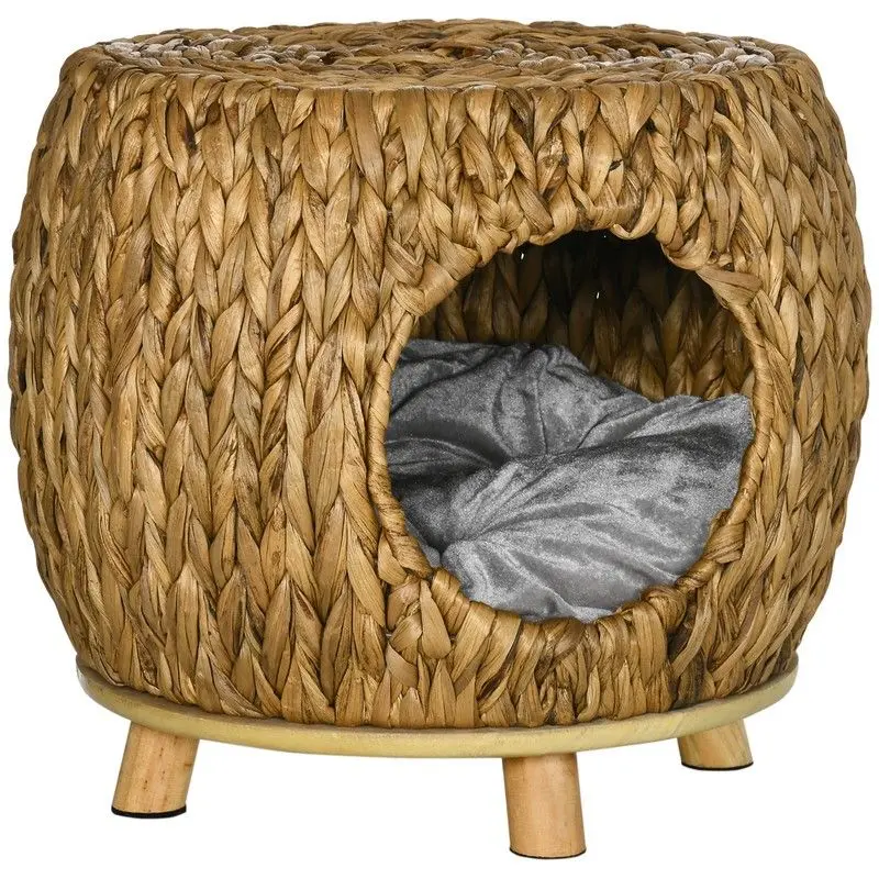 Wicker Cat House with Washable Cushion – Stylish 44 cm Stool-Style Feline Bed